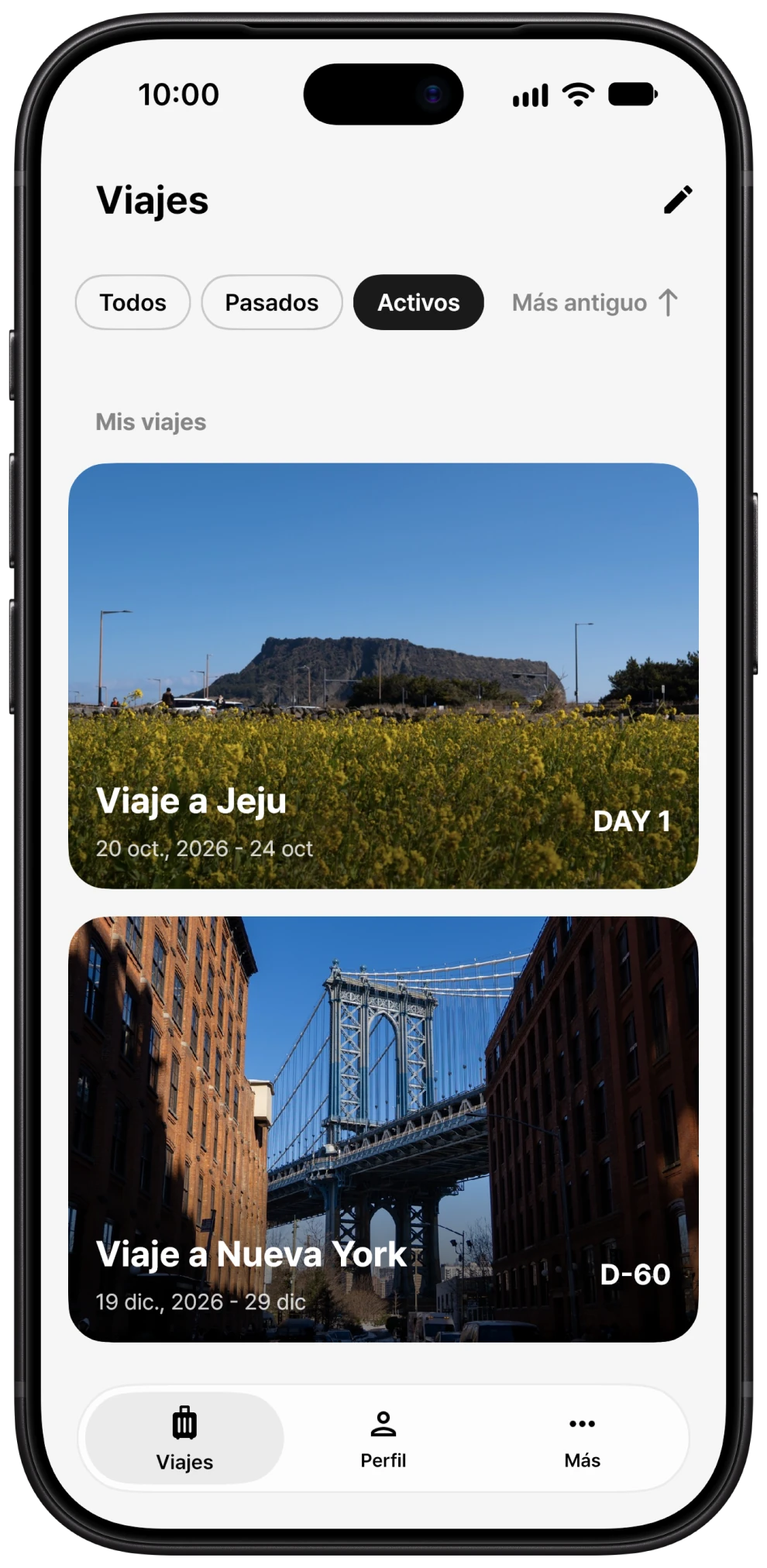 Pantalla de la lista de viajes de Somewhere