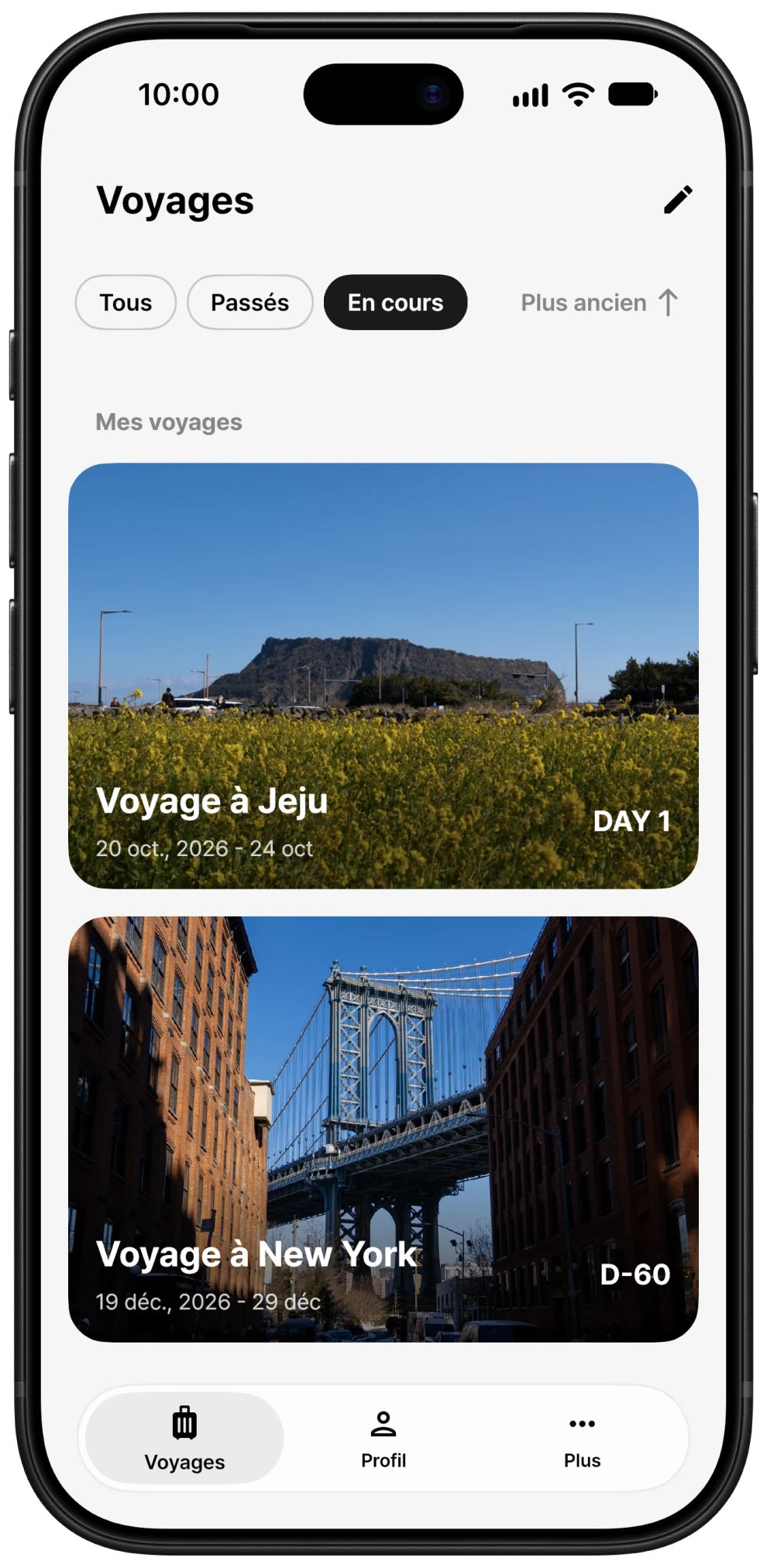 Écran de la liste des voyages dans Somewhere