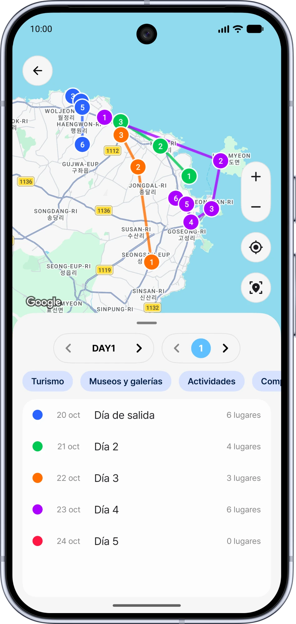 Mapa de viaje de Somewhere con la ruta de cada día