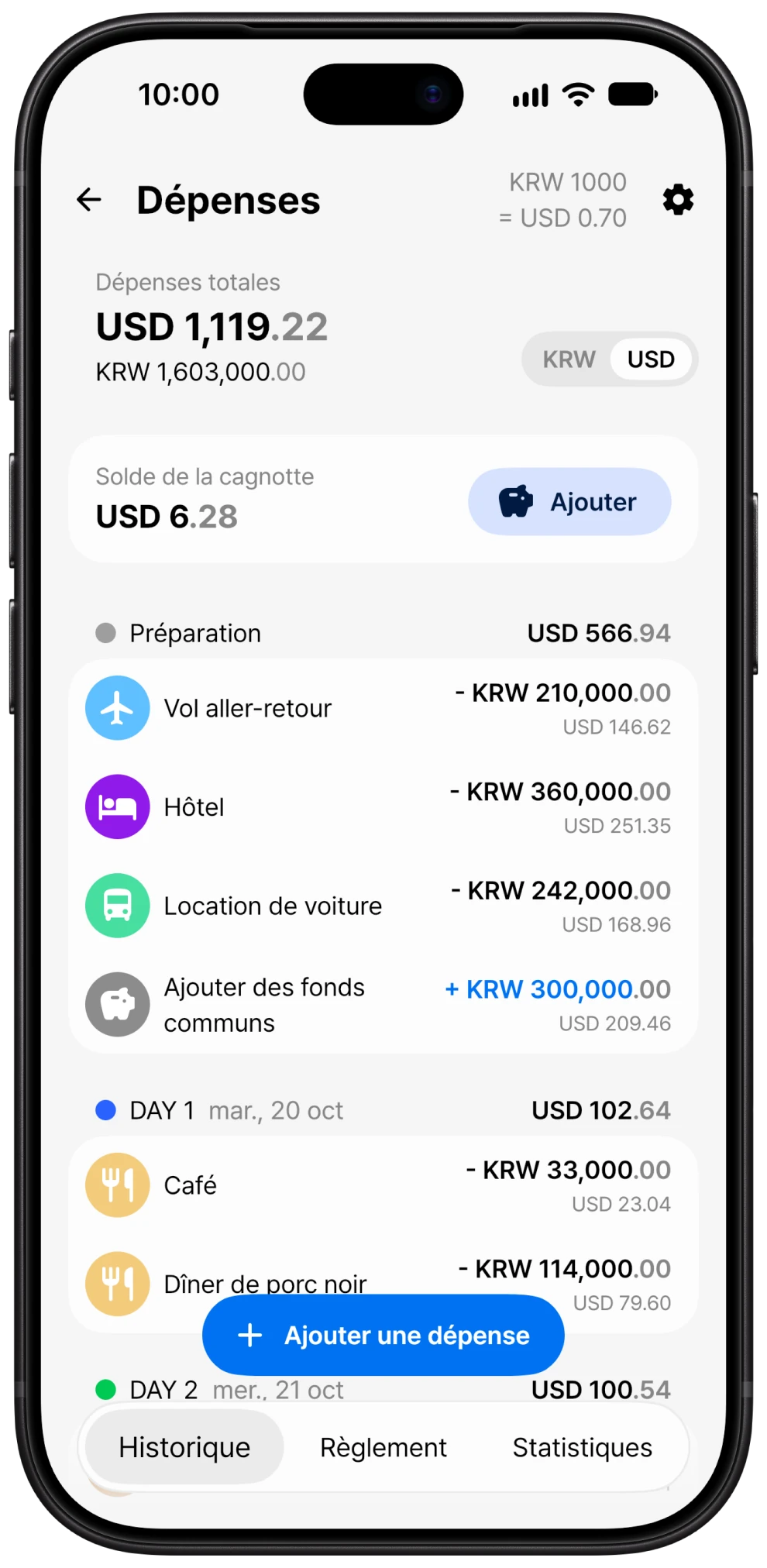 Écran des dépenses et du partage des frais de Somewhere