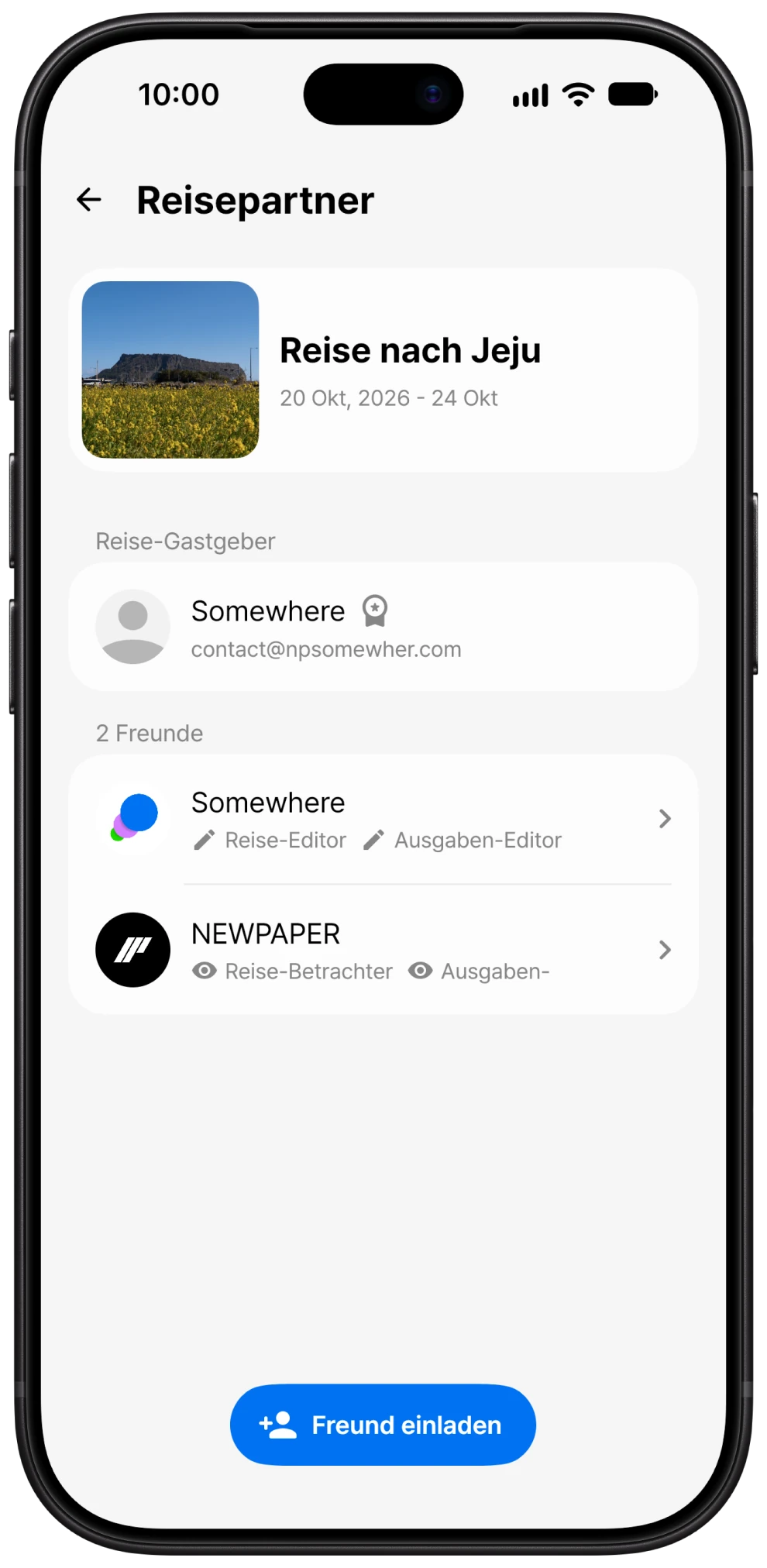 Ansicht für Reisepartner-Einladungen und Berechtigungen in Somewhere