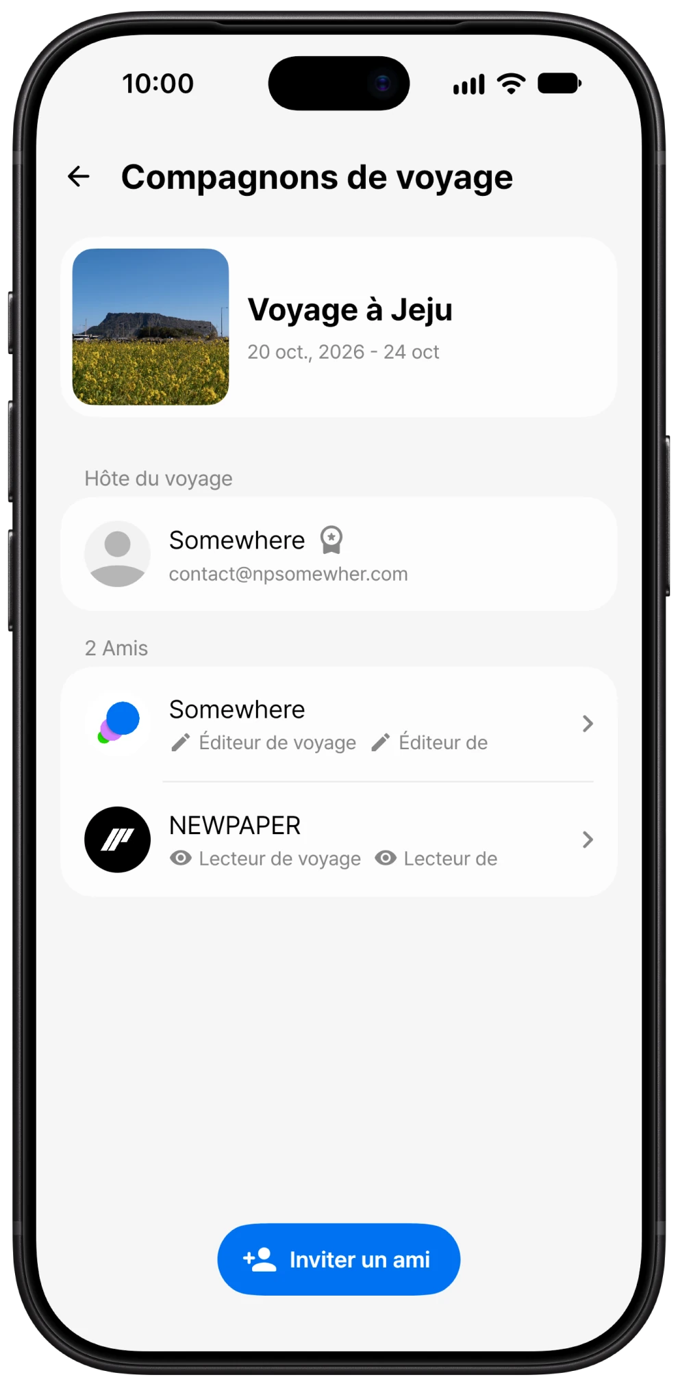Écran d’invitation et d’autorisations des compagnons de voyage dans Somewhere